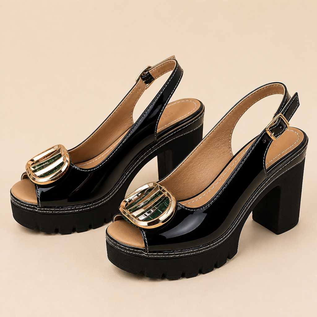 VivaStride™ – Patented Peep-Toe Block Heel Sandals Featuring Bold Gold Buckle