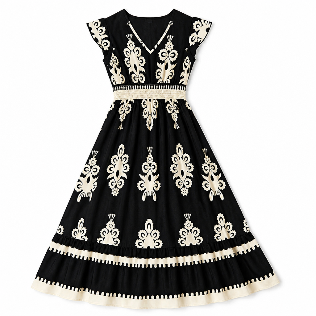 LuminaSway™ – Retro Baroque Pattern V-Neck Maxi Dress
