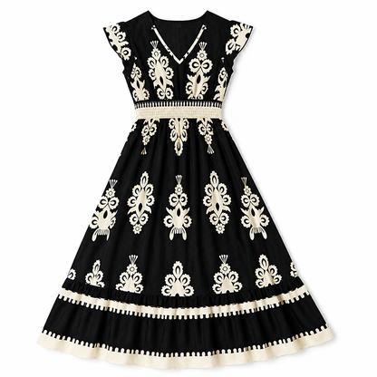 LuminaSway™ – Retro Baroque Pattern V-Neck Maxi Dress