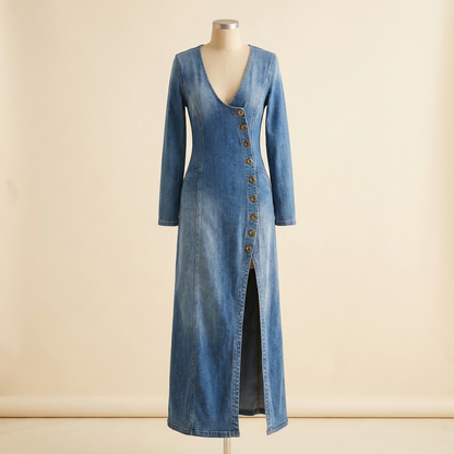 LuxeaSilk™ – Gentle Denim V-Neck Maxi Dress with Buttoned Side Slit