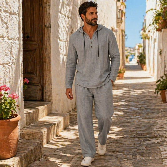Drakescape™ – Casual Hooded Linen Henley Shirt & Pants Ensemble