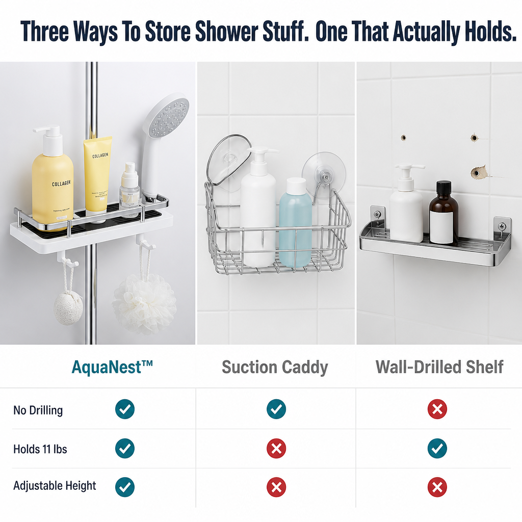 AquaNest™ — Snap a Single Adjustable Tray onto Your Shower Pipe, No Drilling