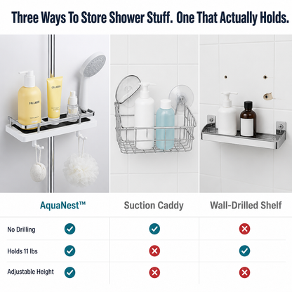 AquaNest™ — Snap a Single Adjustable Tray onto Your Shower Pipe, No Drilling