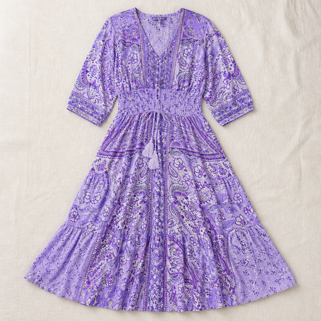 LumeraBelle™ – Breezy Boho Paisley Maxi Dress with Smocked Waist