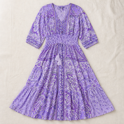 LumeraBelle™ – Breezy Boho Paisley Maxi Dress with Smocked Waist