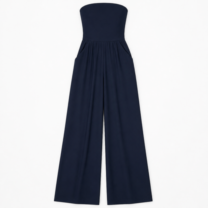 Solenne™ – Stylish Strapless Wide-Leg Jumpsuit with Smocked Back