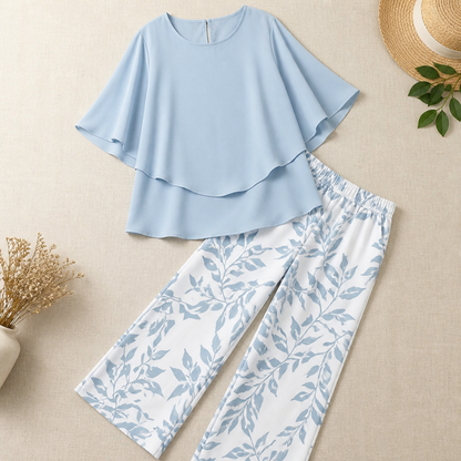 Flexara™ – Chic Layered Chiffon Blouse and Wide-Leg Patterned Pant Set