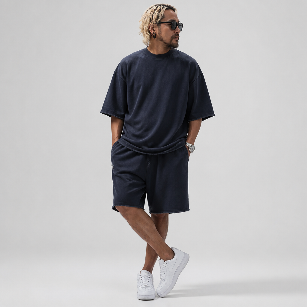 ArdentFlex™ – Comfortable Loose-Fit Raw-Edge Tee & Shorts Set