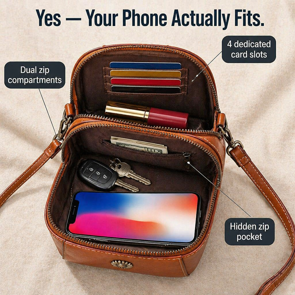VividAura™ — Soft-Leather Crossbody for Phone, Cards & Lipstick All-in-One