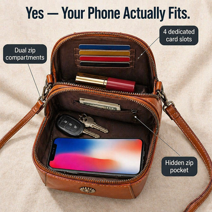 VividAura™ — Soft-Leather Crossbody for Phone, Cards & Lipstick All-in-One