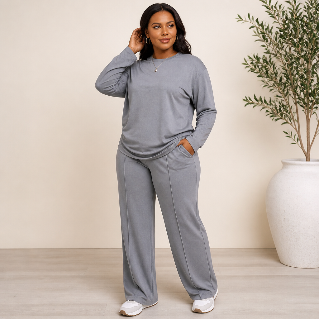 ElysianEase™ – Comfortable Long Sleeve Shirt & Wide-Leg Trousers Set