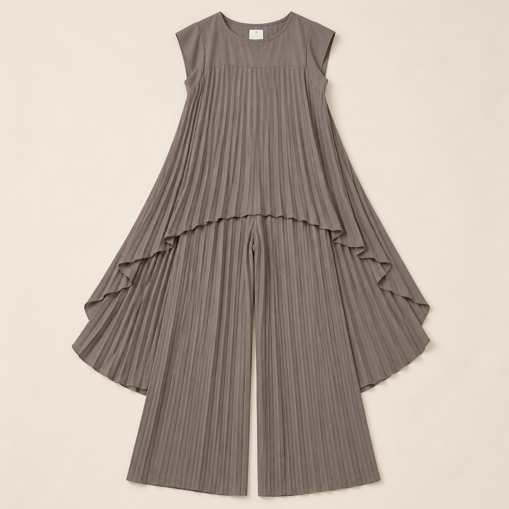 NovaLuma™ – Draped Pleated Two-Piece Outfit with Asymmetric Hem