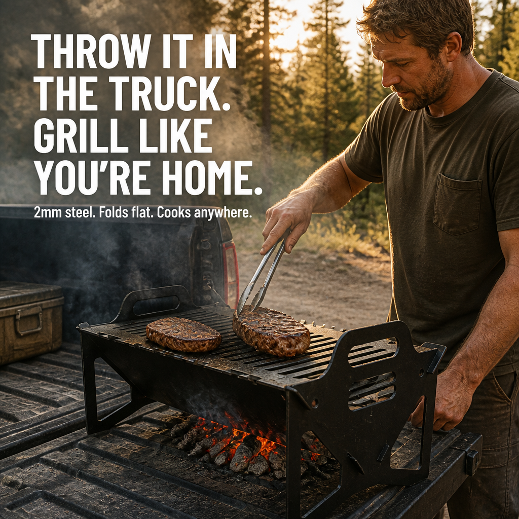 FlamePorta™ — Collapse a Rugged Steel Grill Flat and Cook Anywhere on Your Trip