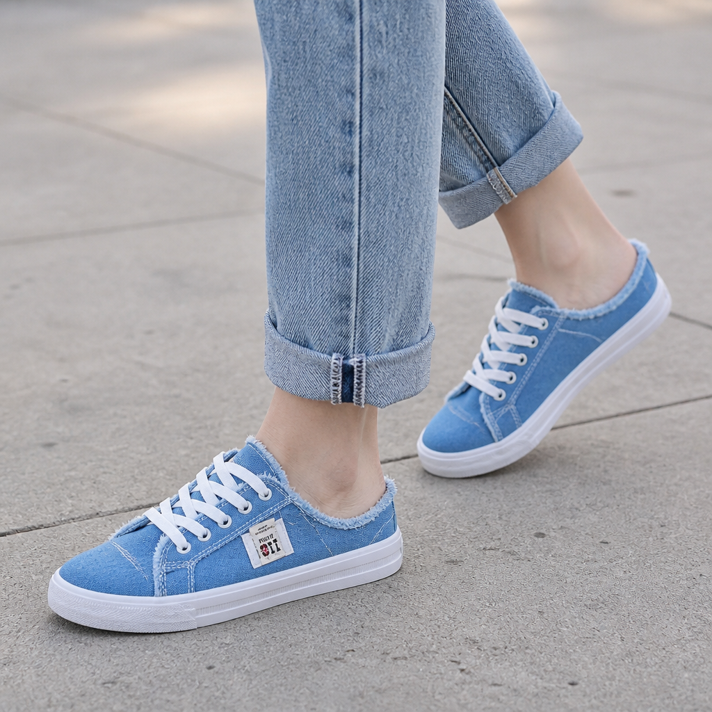StridePulse™ – Casual Denim Mules with Frayed Edge Sneakers