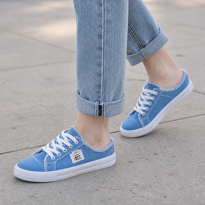 StridePulse™ – Casual Denim Mules with Frayed Edge Sneakers