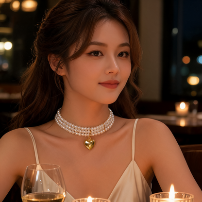 LumaLuxe™ – Elegant Triple-Strand Pearl Necklace with Gold Heart Charm