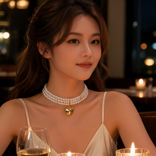 LumaLuxe™ – Elegant Triple-Strand Pearl Necklace with Gold Heart Charm