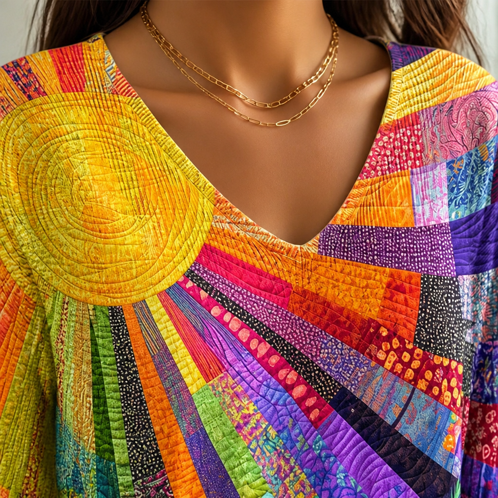 LuxeVera™ – Radiant Sunburst Patchwork V-Neck Top