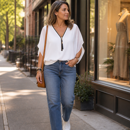 LuminaFlex™ – Breezy Chiffon V-Neck Top with Zip Accent