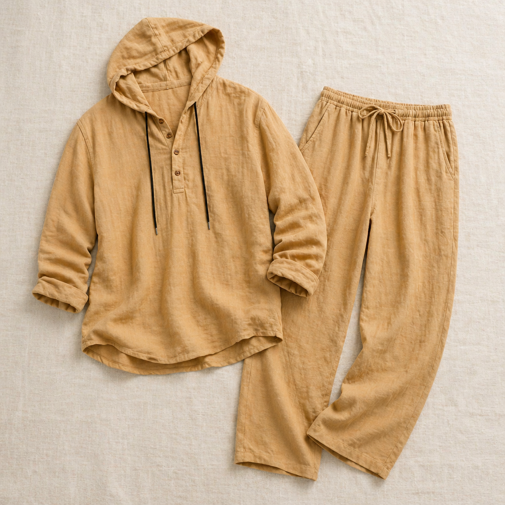 Drakescape™ – Casual Hooded Linen Henley Shirt & Pants Ensemble
