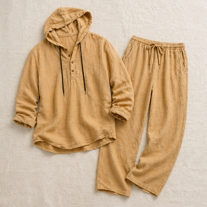 Drakescape™ – Casual Hooded Linen Henley Shirt & Pants Ensemble