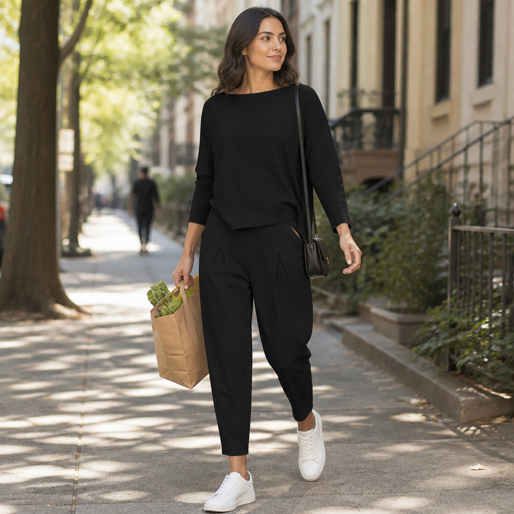 Mirelle™ – Casual Boat-Neck Two-Piece Outfit with Slim Pleated Tapered Pants