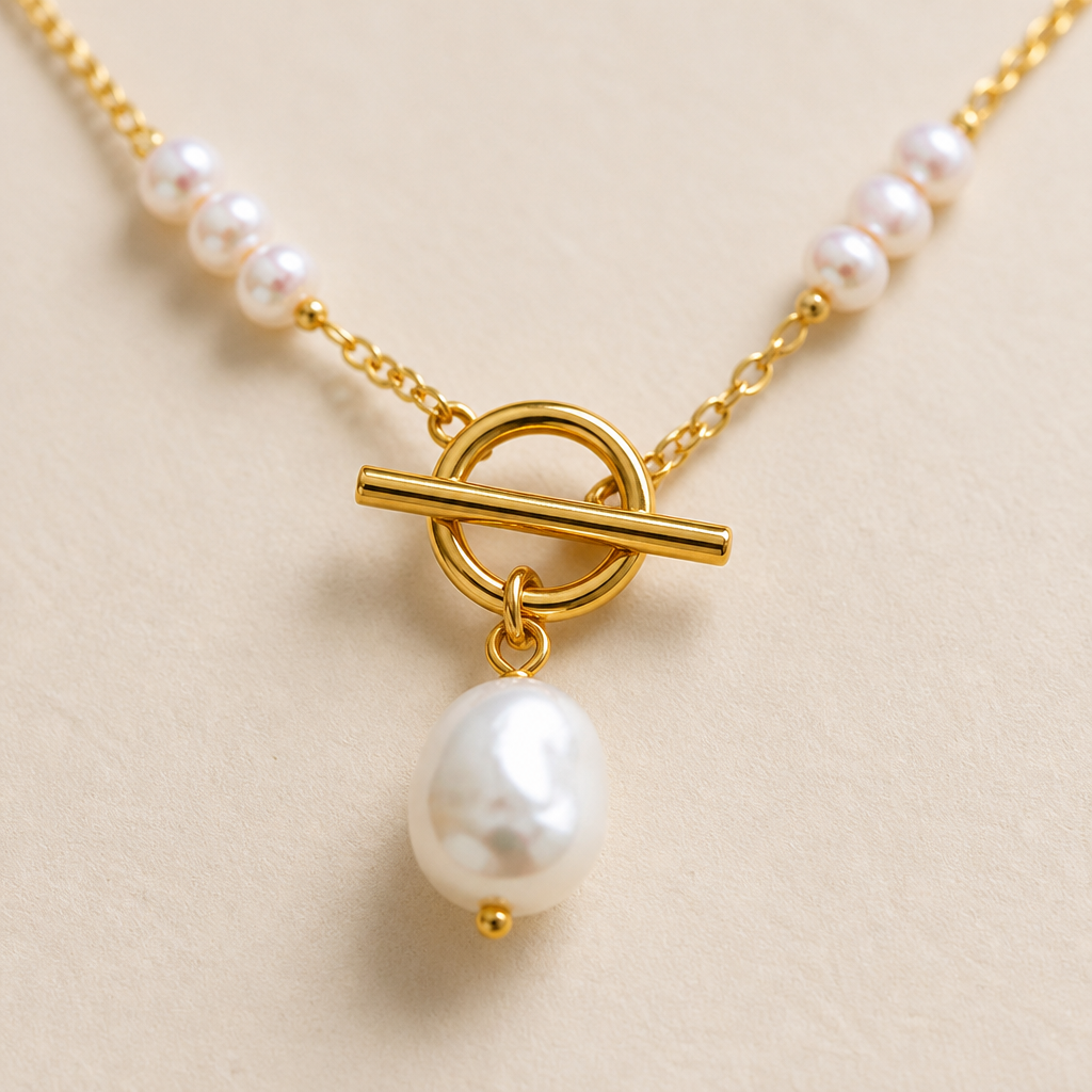 LuminaLuxe™ – Contemporary Pearl Toggle Necklace with Baroque Pendant Drop