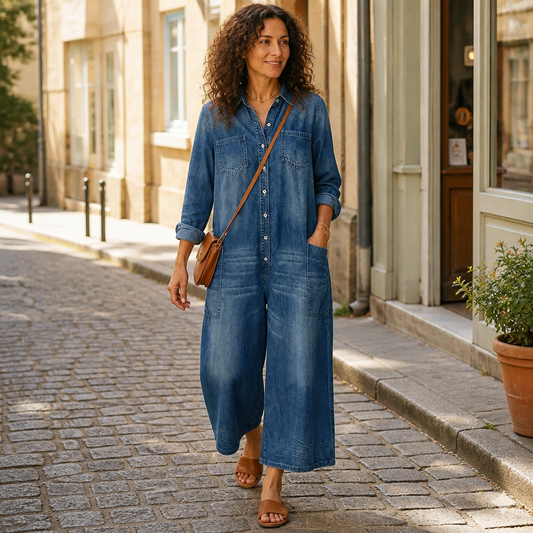 Flowease™ – Comfortable Wide-Leg Denim Jumpsuit Featuring Button-Front Top