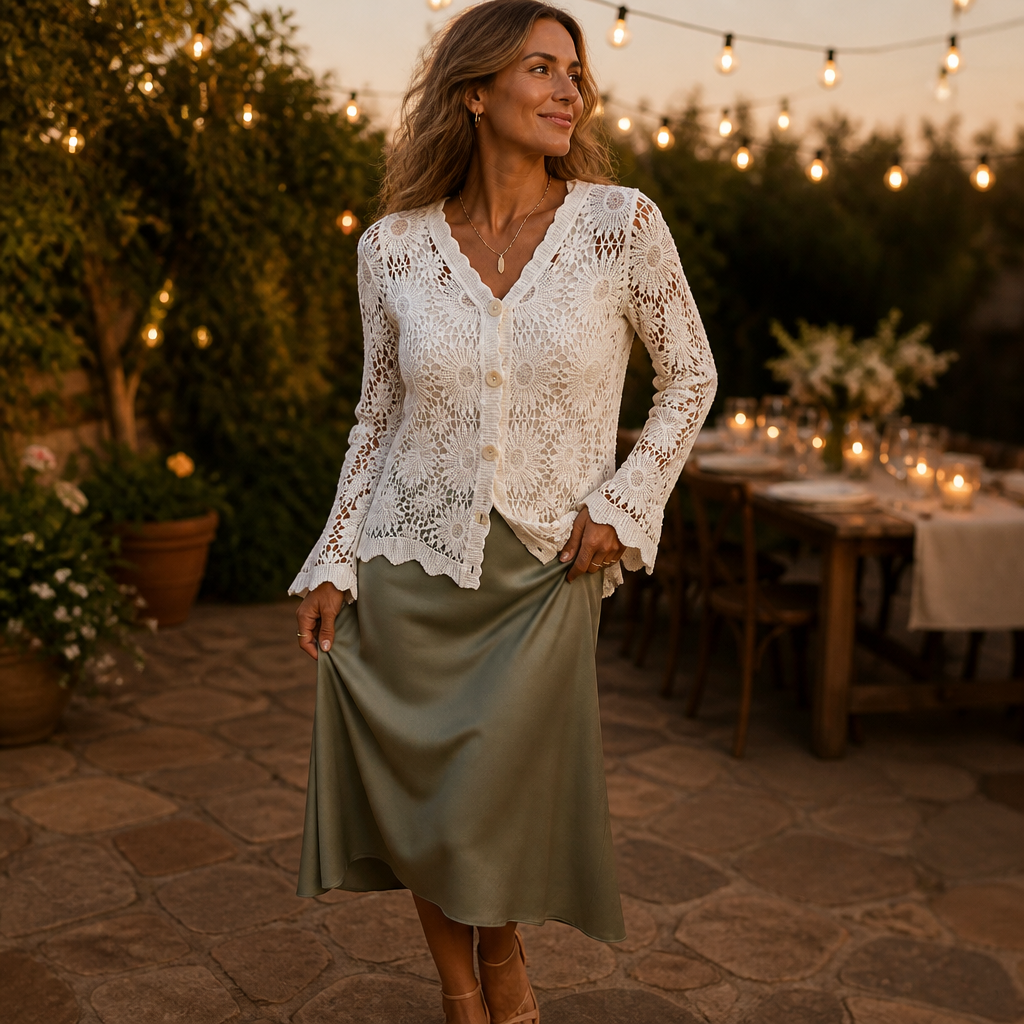 DeloraLace™ – Romantic Crochet Lace Top with Buttons and Scalloped Hem