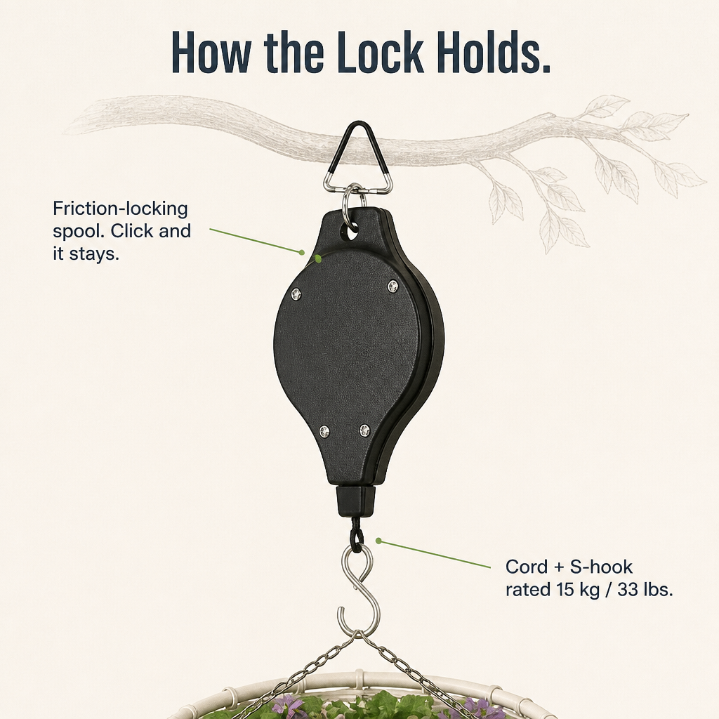 FlexiGroove™ — Hanging Baskets from Chest Level Down for Ladder-Free Watering
