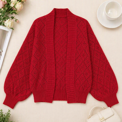AerieLuxe™ – Hollow Knit Shawl Cardigan with Open Front and Lantern Sleeves