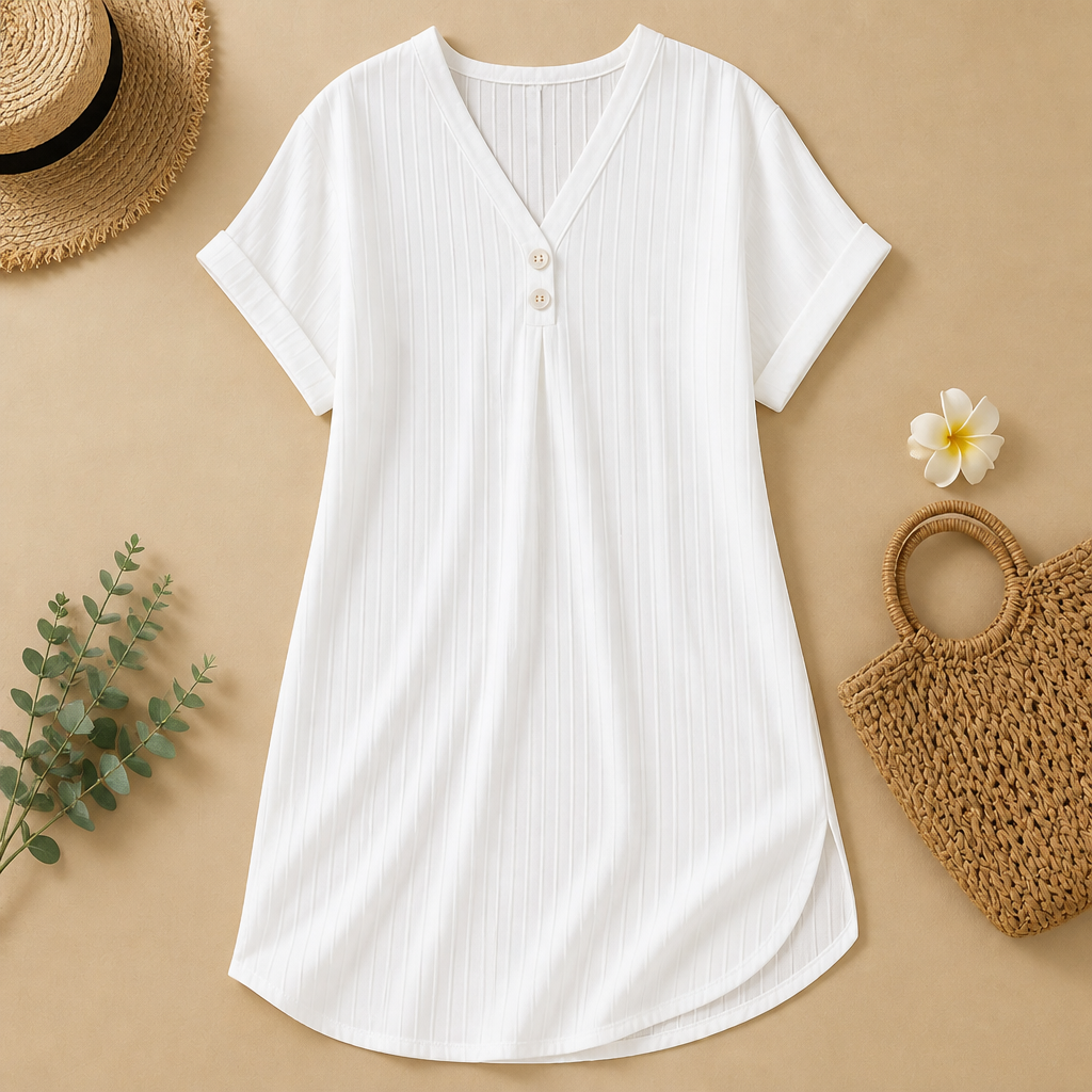 Veloria™ – Casual Ribbed V-Neck Shift Dress Featuring Button Detail