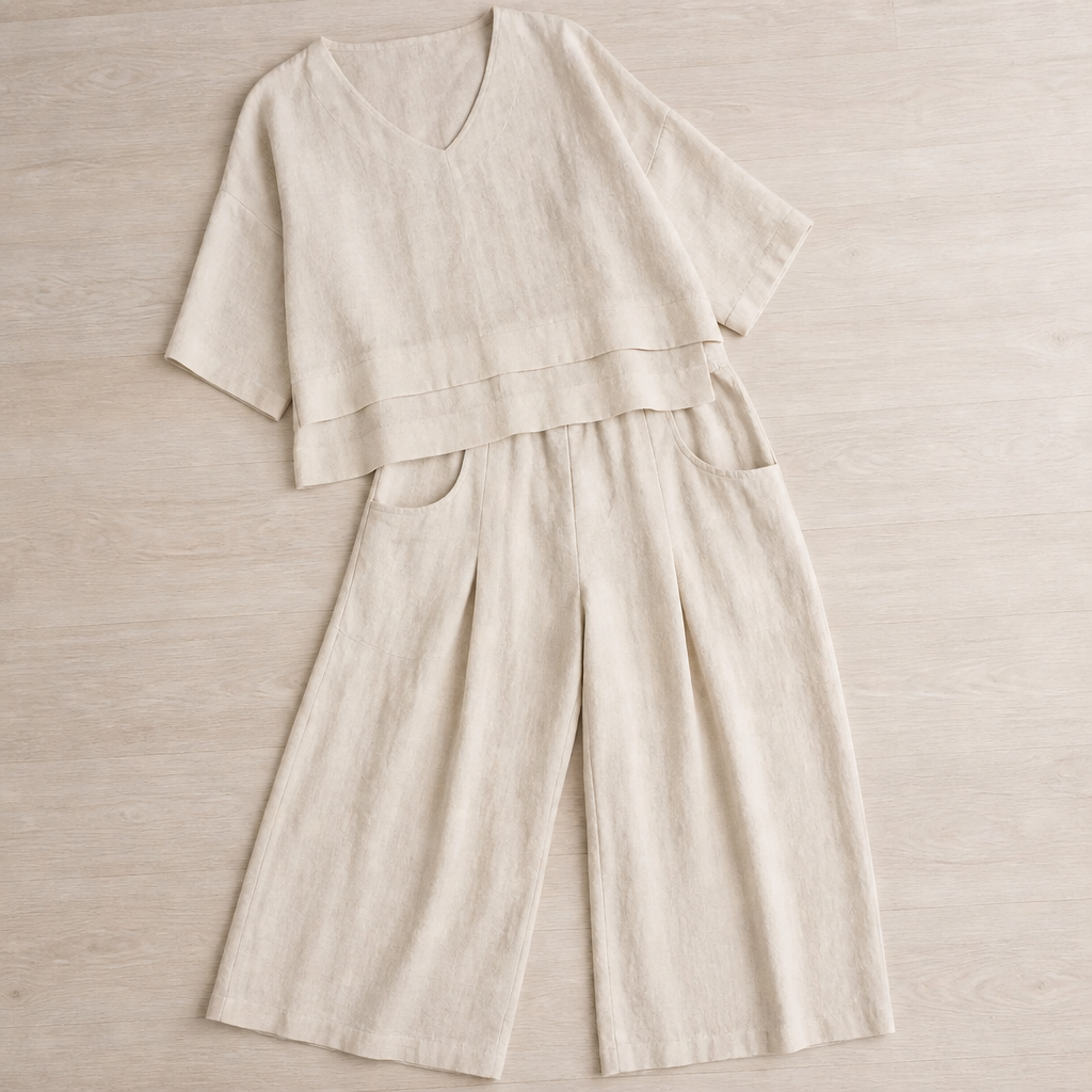 LioraLuxe™ – Casual Layered V-Neck Tee & Wide-Leg Trouser Set