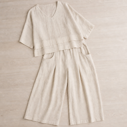 LioraLuxe™ – Casual Layered V-Neck Tee & Wide-Leg Trouser Set