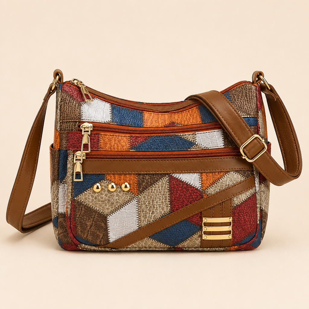 Mosaica™ – Retro Geometric Patchwork Shoulder Bag with Adjustable Strap