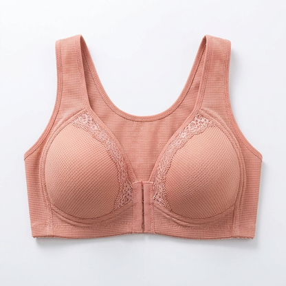 VivaFemme™ – Lace-Accented Wireless Bra with Front Closure