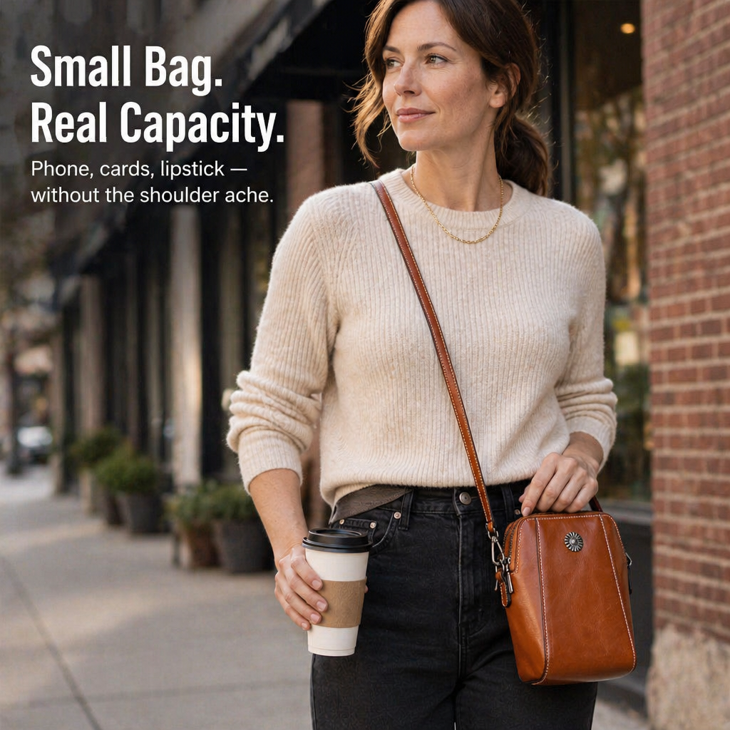 VividAura™ — Soft-Leather Crossbody for Phone, Cards & Lipstick All-in-One