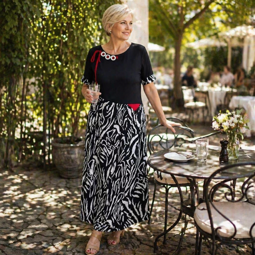 VeraNite™ – Striking Zebra Patchwork Maxi Dress Highlighted with Red Accents