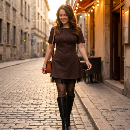 VeroLux™ – Mini Dress with Rhinestone Accents and Tiered Tulle Hem
